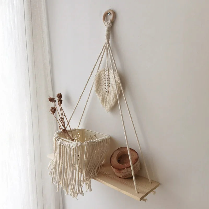 étagères suspendues macramé boho rustique étagères plantes vase céramique cadre photo coussin franges