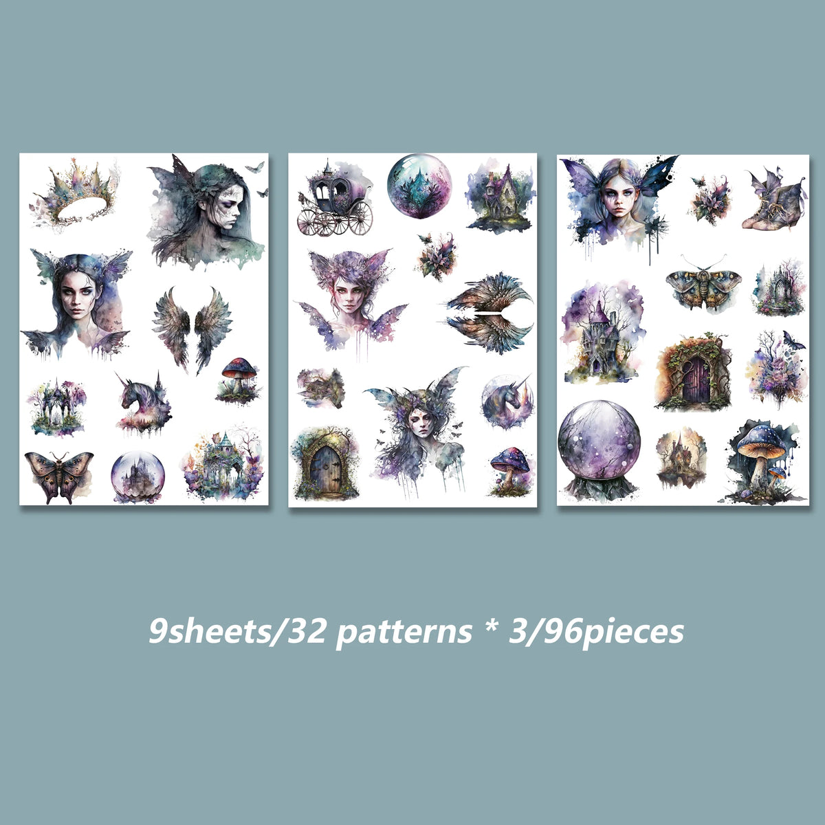 autocollants artistiques romantiques violet bleu noir blanc motifs floraux animaux fées châteaux papillons champignons
