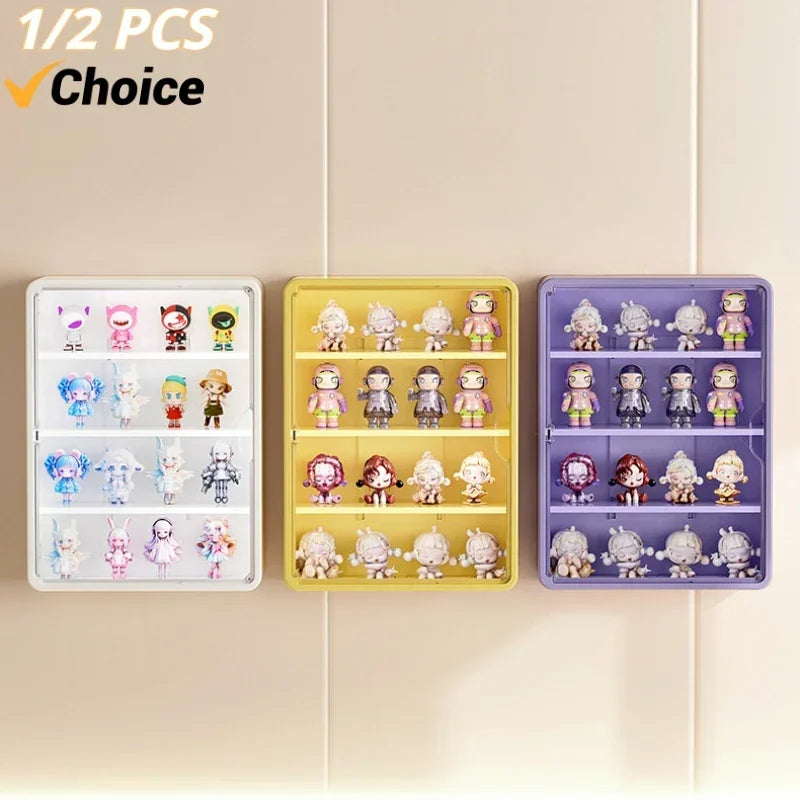 présentoir mural transparent moderne figurines blanc jaune violet anti poussière adhésif organisateur
