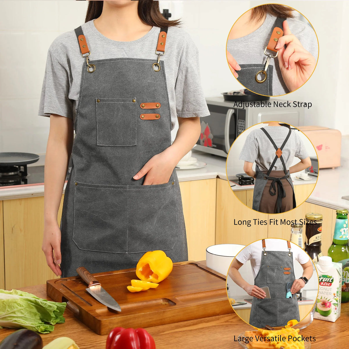 tablier cuisine toile gris classique boucles métalliques poches avant arrière adjustable