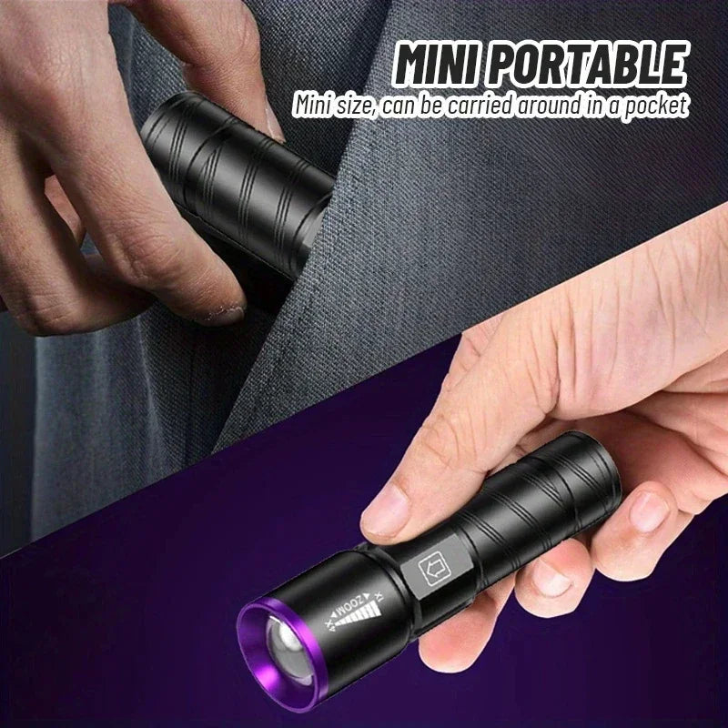 lampe torche uv led 395 365nm zoomable mini ultraviolet moderne noire violette