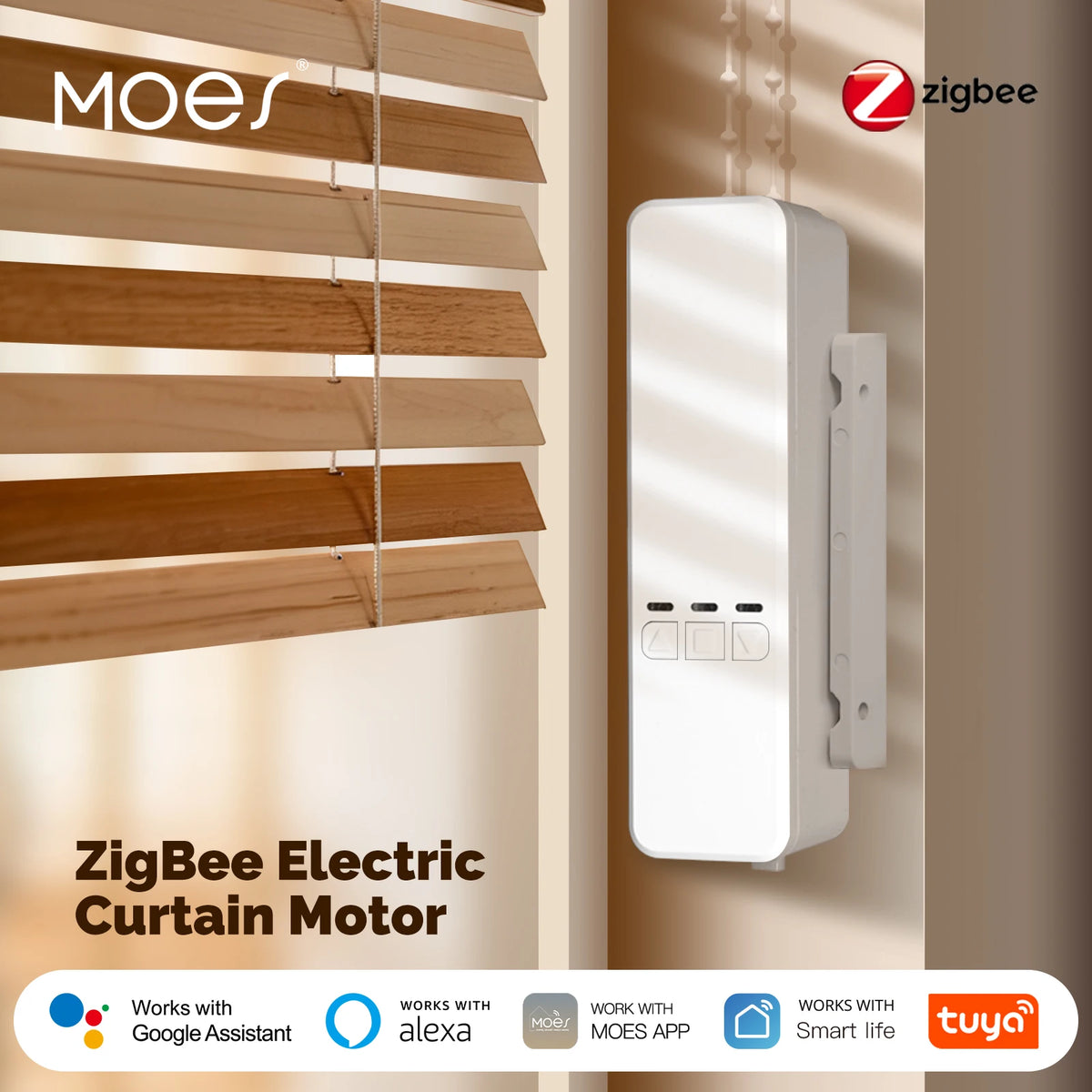 rideau électrique intelligent zigbee motorisation chainne blanc moderne controle application alexa googlehome