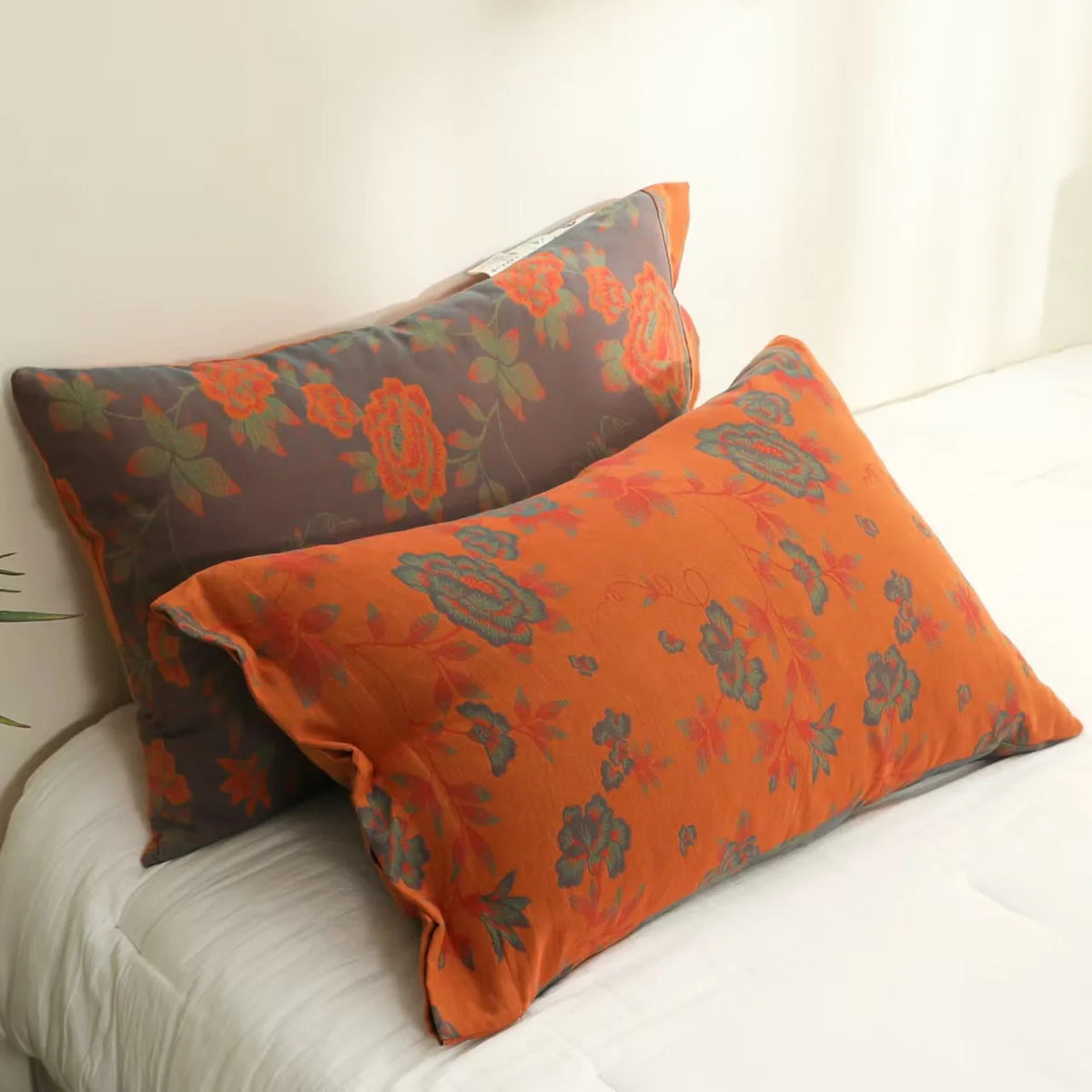 taies d'oreiller coton fleur vintage bleu orange gris décoration lit non toxique écologique