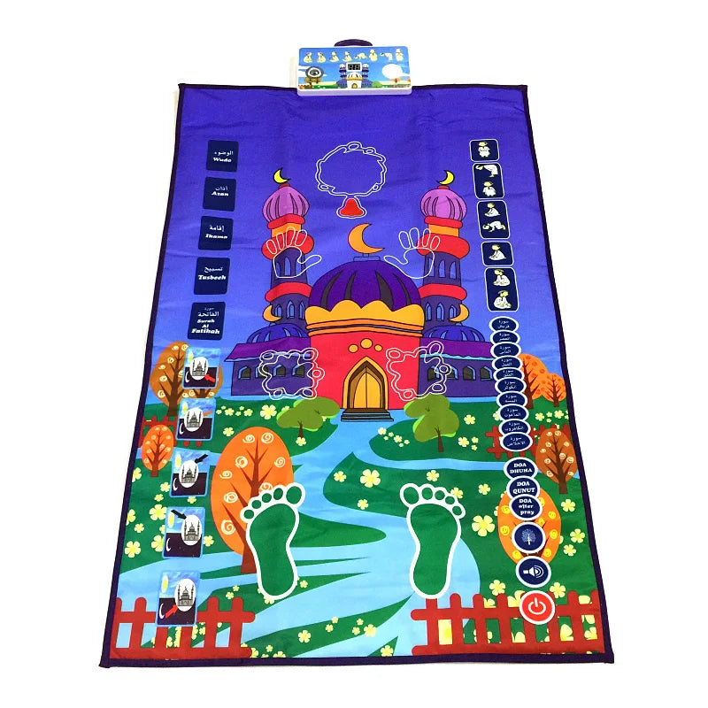 tapis interactif éducatif prière enfants musulmans illustrations mosquée palmiers motifs floraux éducatifs