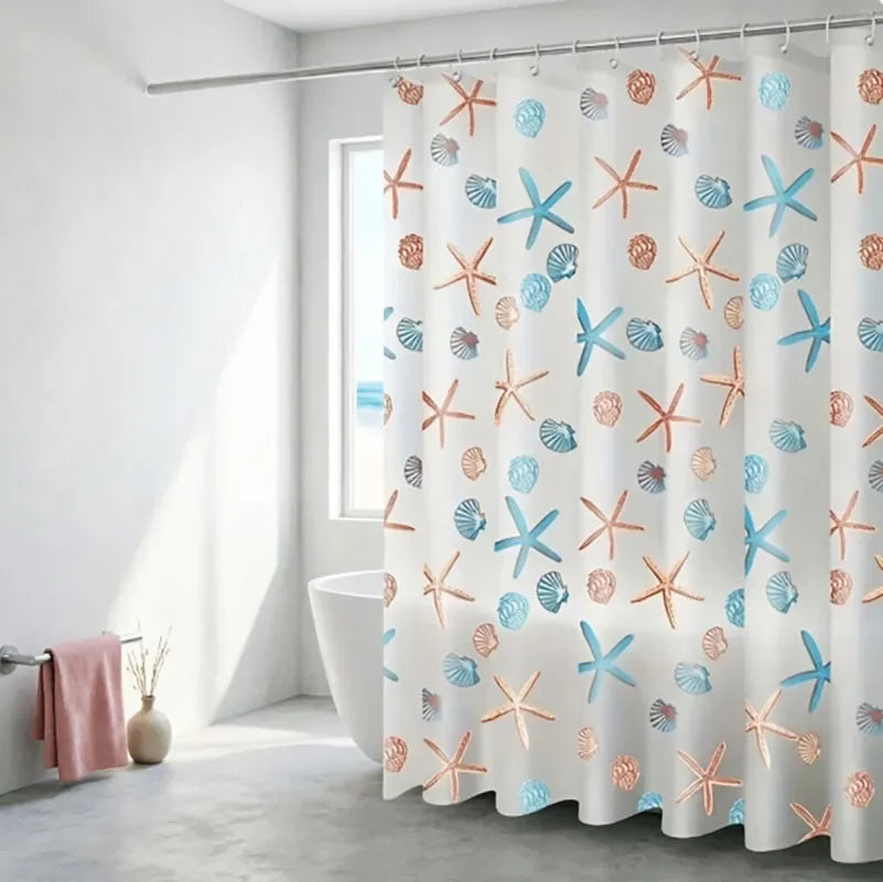 rideau douche étoiles mer coquillages motifs pois translucide moderne marin crochets métalliques blanc bleu