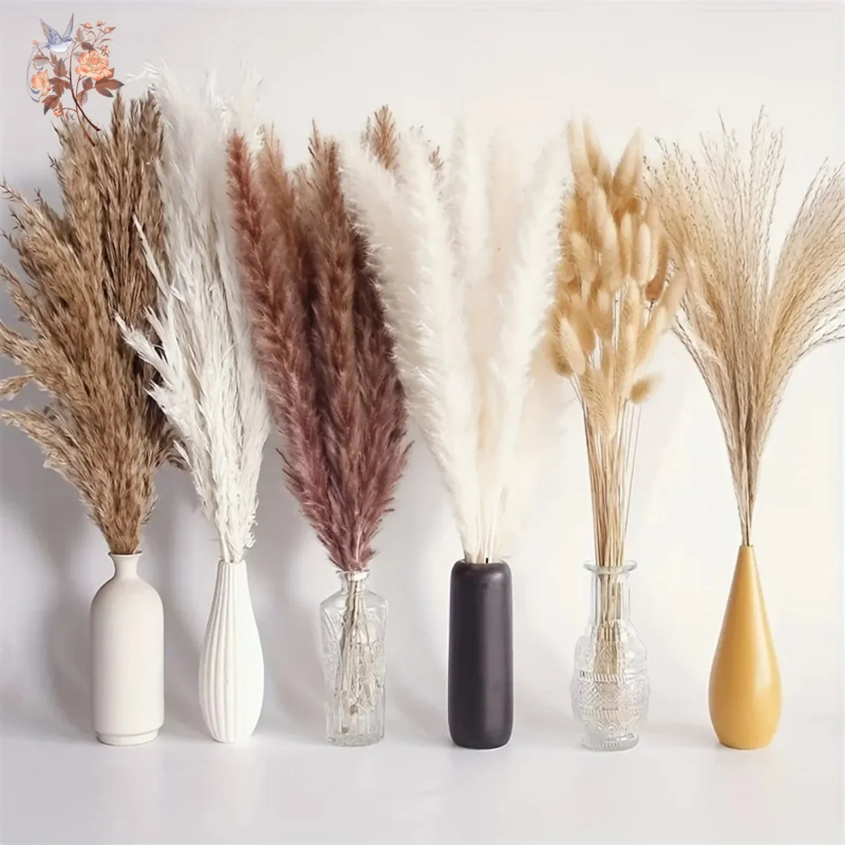 bouquet pampas séchés décoration bohème blanc beige vases différents mariage anniversaire