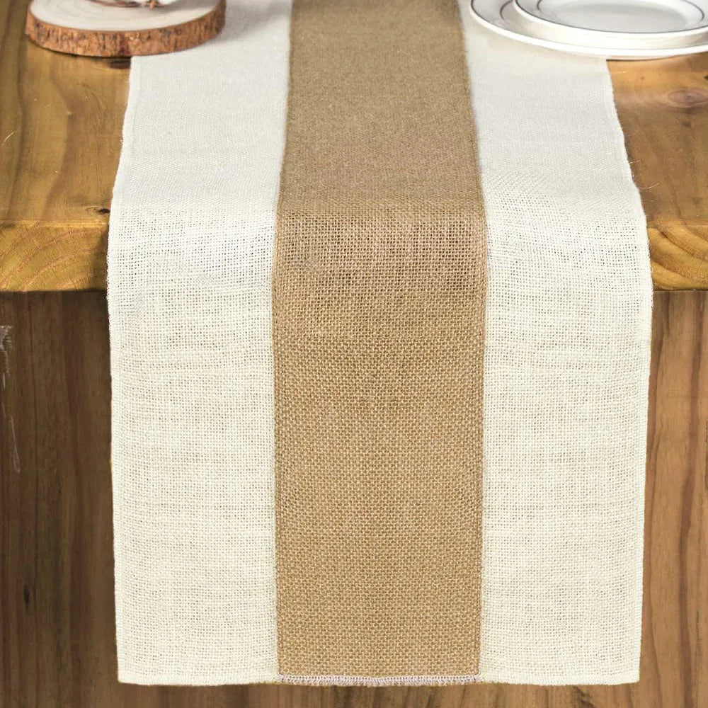 nappe rustique jute beige marron bords lisses texture automnale feuilles séchées chandelles blancs