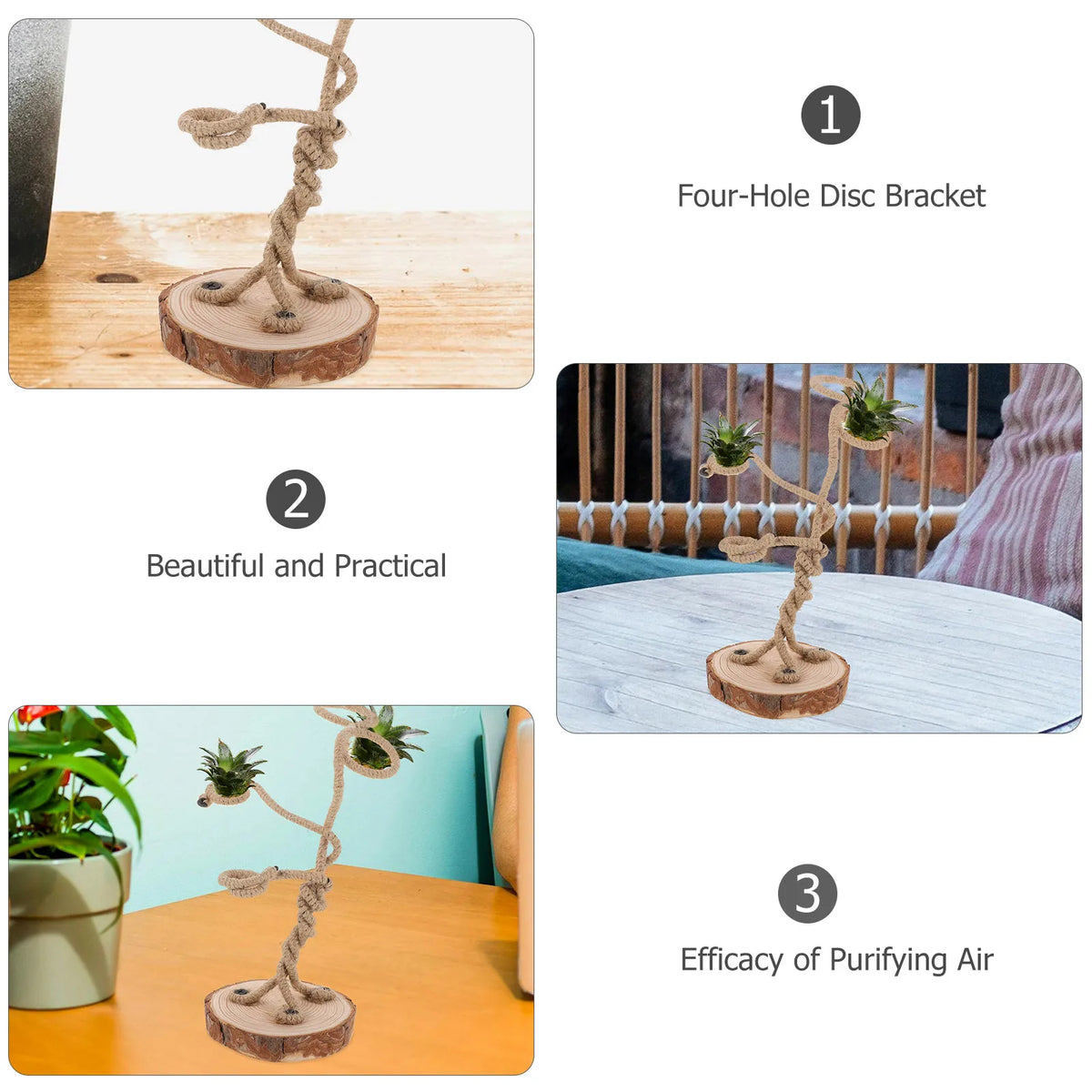 support plantes suspendues bohème rustique corde tressée base bois diamètre 9cm hauteur 30cm fixations