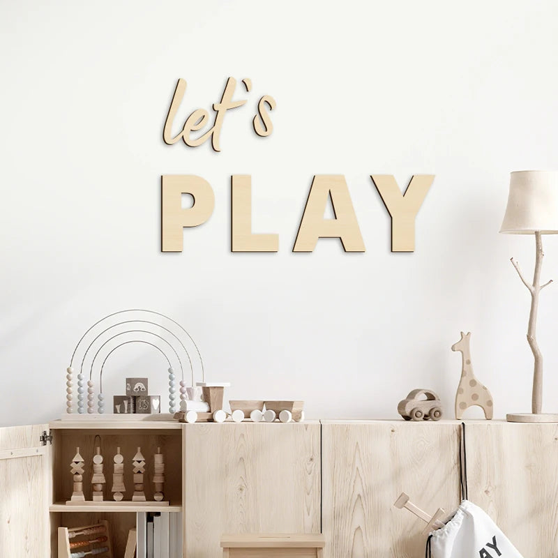 décoration murale bois lettres play 3d personnages enfants chambre jeu