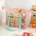 sac plage maille transparent décontracté multi usages pliables polyestère rose beige ventilateur cosmétique lunettes