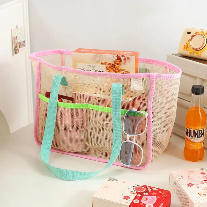 sac plage maille transparent décontracté multi usages pliables polyestère rose beige ventilateur cosmétique lunettes