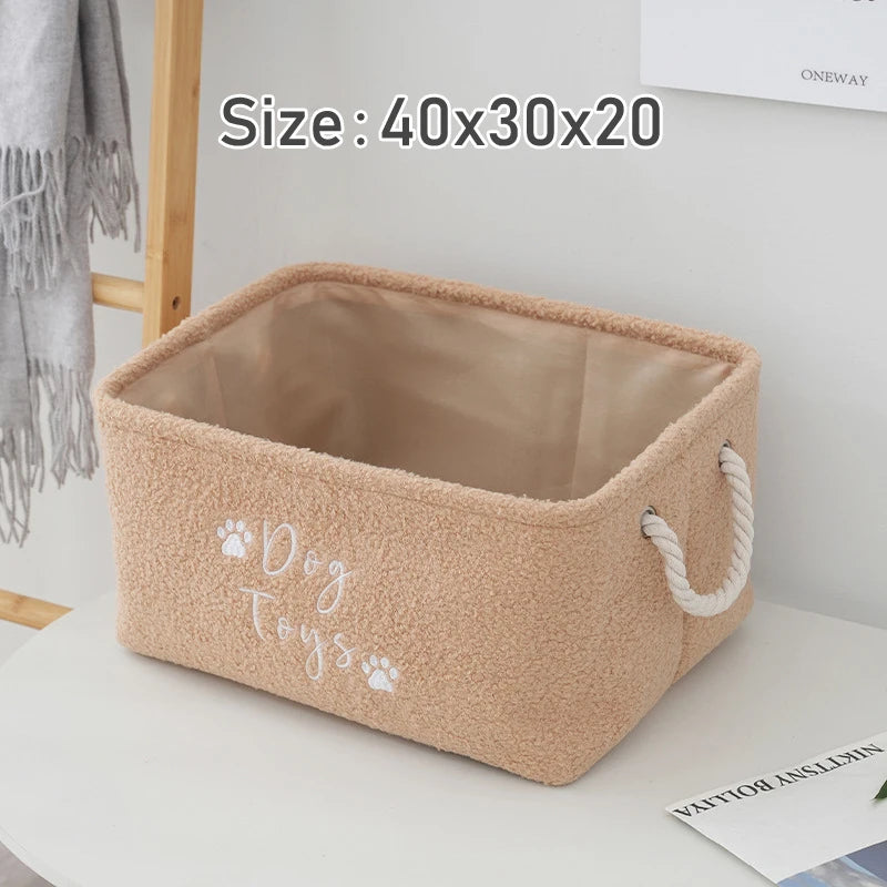 panier jouets peluche imprimé chiens rangement accessoires animaux compagnie moderne confortable anneaux métalliques poignées