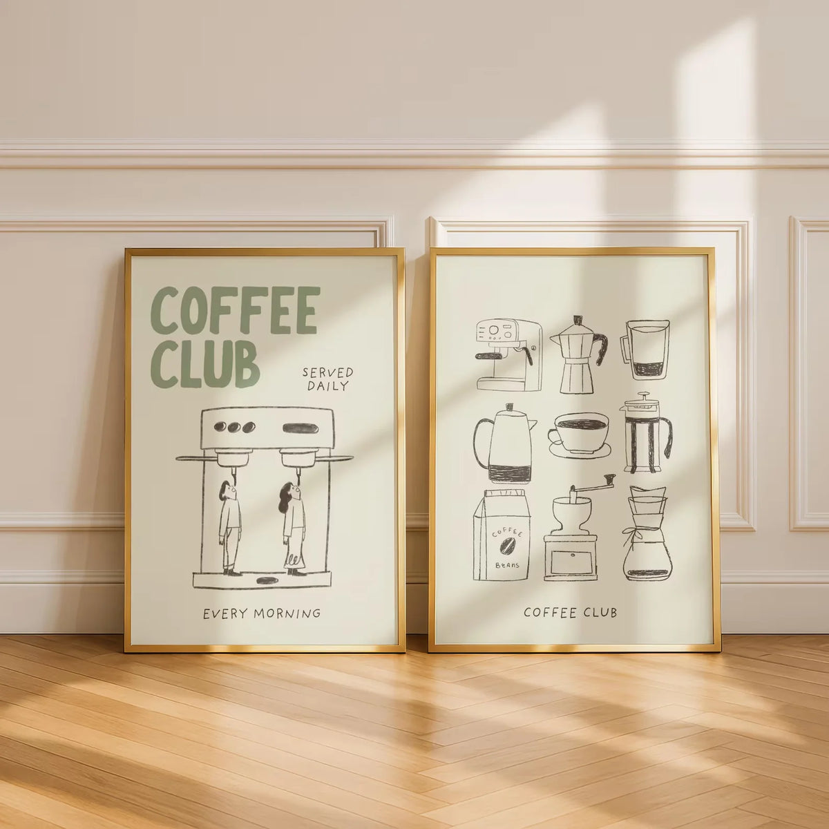 affiches modernes illustration Morning Dive Coffee Club minimaliste beige clair vert pastel orange noir