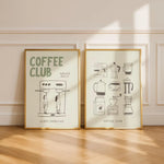 affiches modernes illustration Morning Dive Coffee Club minimaliste beige clair vert pastel orange noir