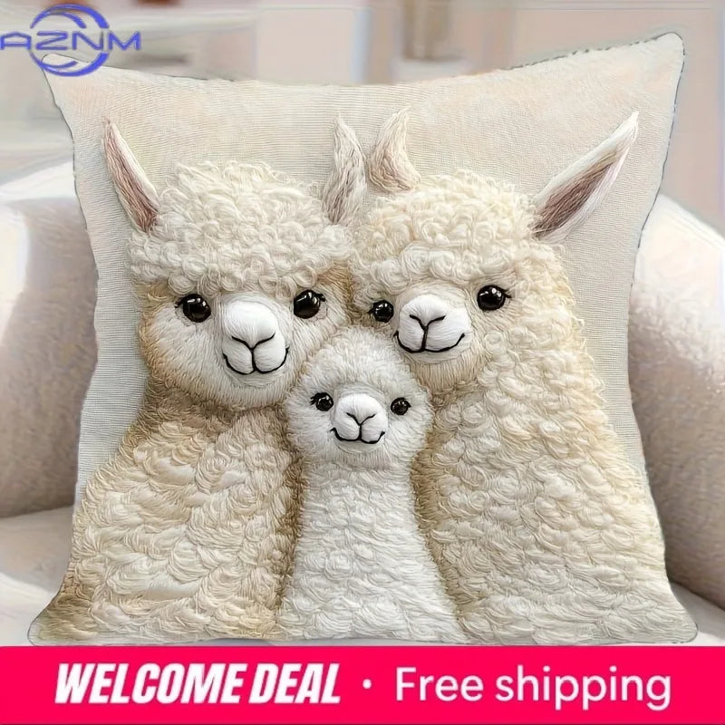 housse coussin alpagas mignons motif famille polyester moderne 45x45cm blanc decoration chambre respect environnement