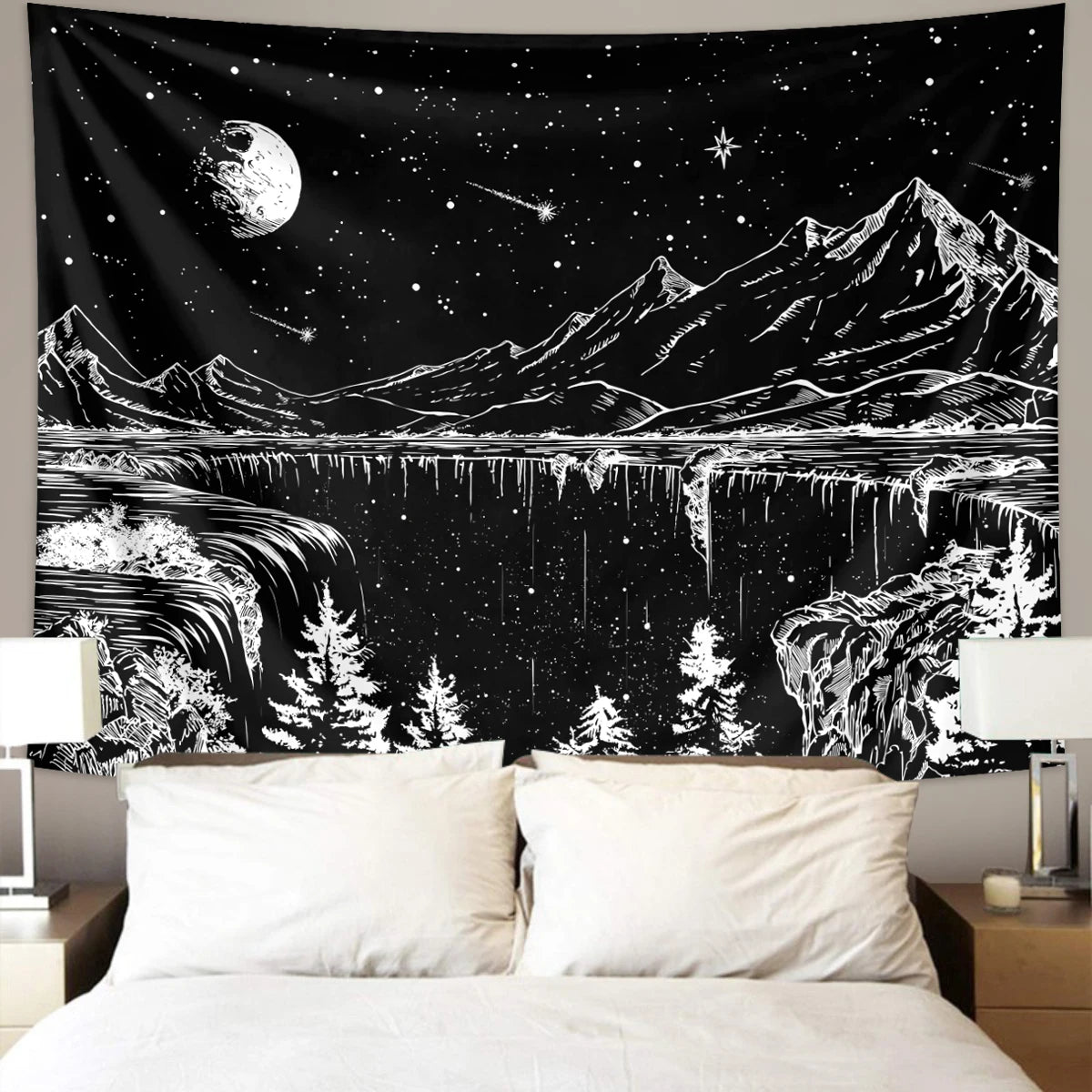 tapisserie moderne paysage nocturne étoiles lune montagnes blanc noir polyester clips chambre coucher graphique