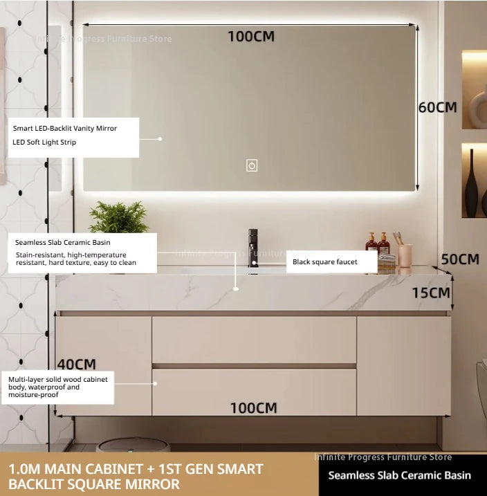 meuble salle bain blanc marbre moderne étagères miroir lumineux accessoires fixations murales