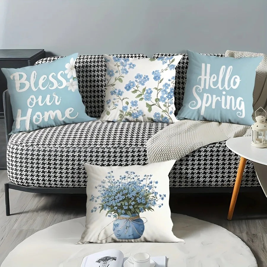 housse coussin polyester bleu clair fleurs textes décoratifs chambre salon voiture 40x40 45x45 50x50