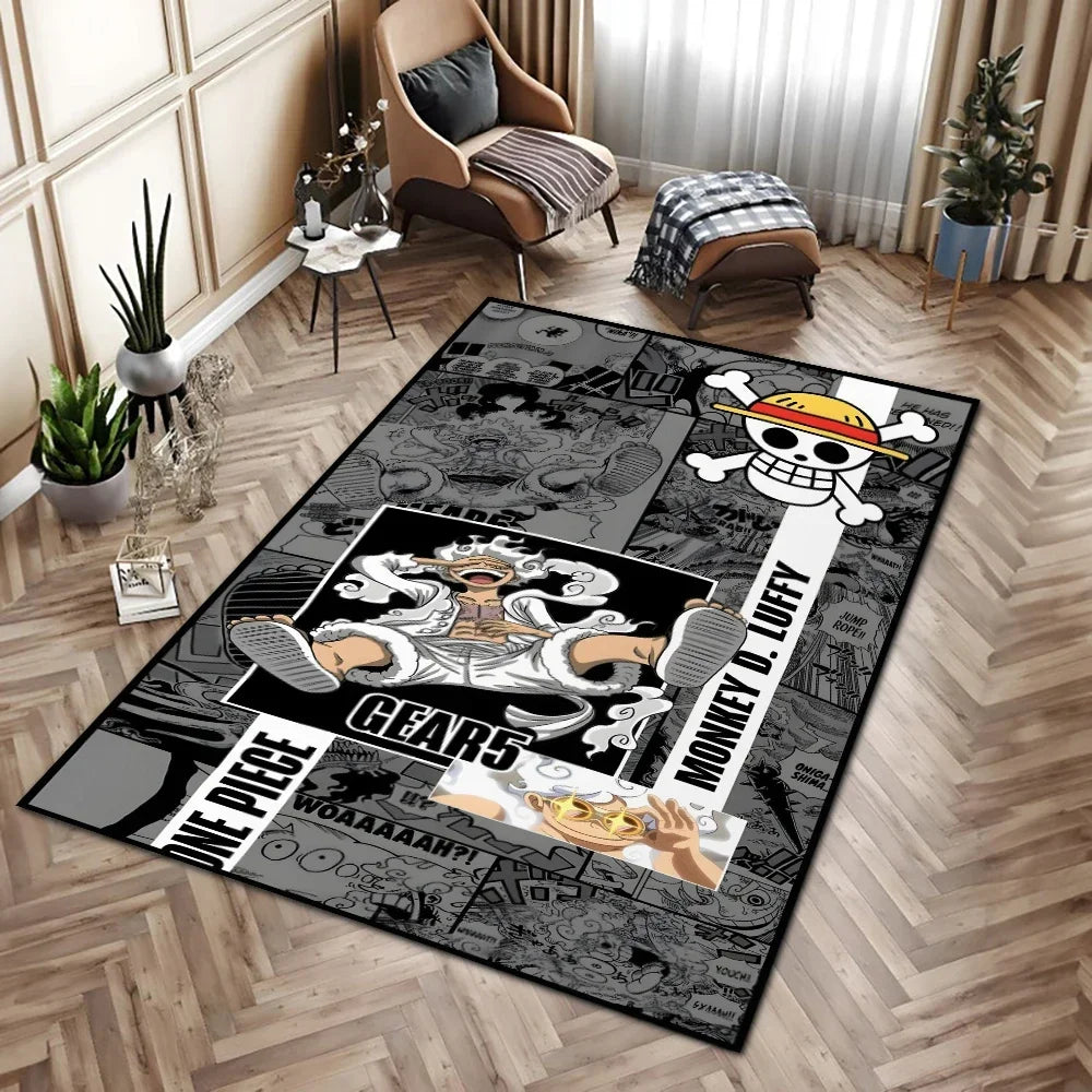 tapis personnages manga one piece luffy gears noir blanc gris graphique maison