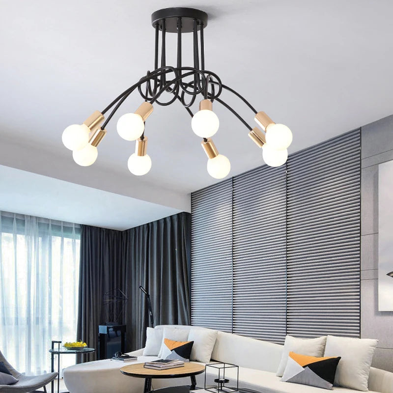 suspension lumineuse moderne noir doré ampoules blanches structure spirale fixation câbles métallique