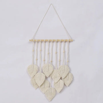décoration murale boho feuilles coton tissage vert blanc rose artisanal