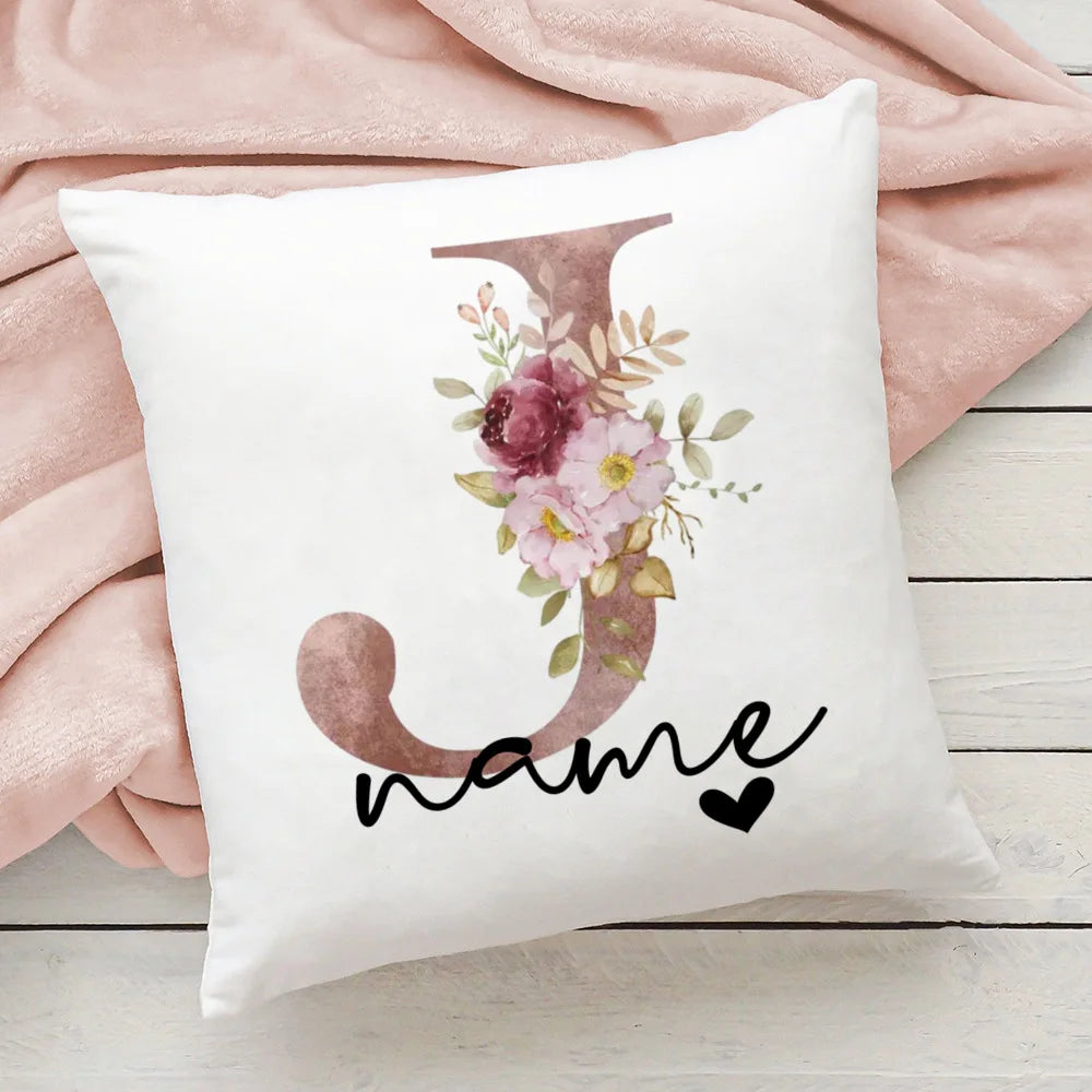 taie d'oreiller motif floral rose lettres initiales respectueux environnement moderne blanc