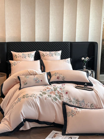 ensemble literie quatre pièces coton broderie florale classique beige housse couette drap taies