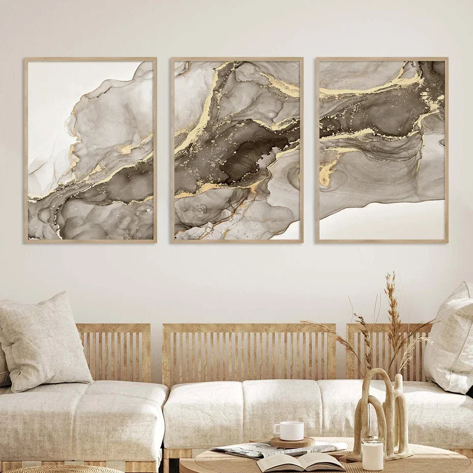 tableau contemporain minimaliste marbre effet liquide gris noir doré sans cadre impression toile chambre