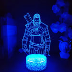 lampe led 3d figure personnage armé violet bleu rouge vert base télécommande