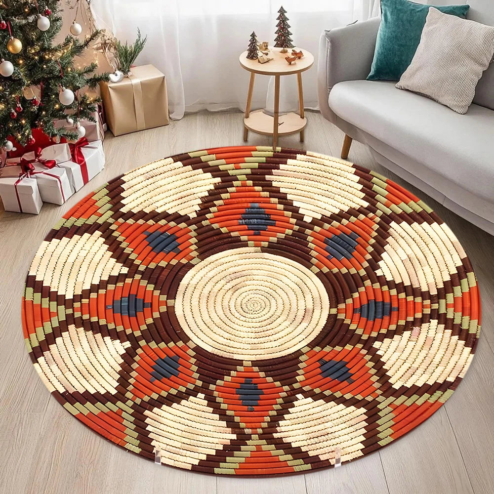 tapis rond moderne motifs géométriques marron beige noir orange bleu polypropylène anti dérapant durableextérieur