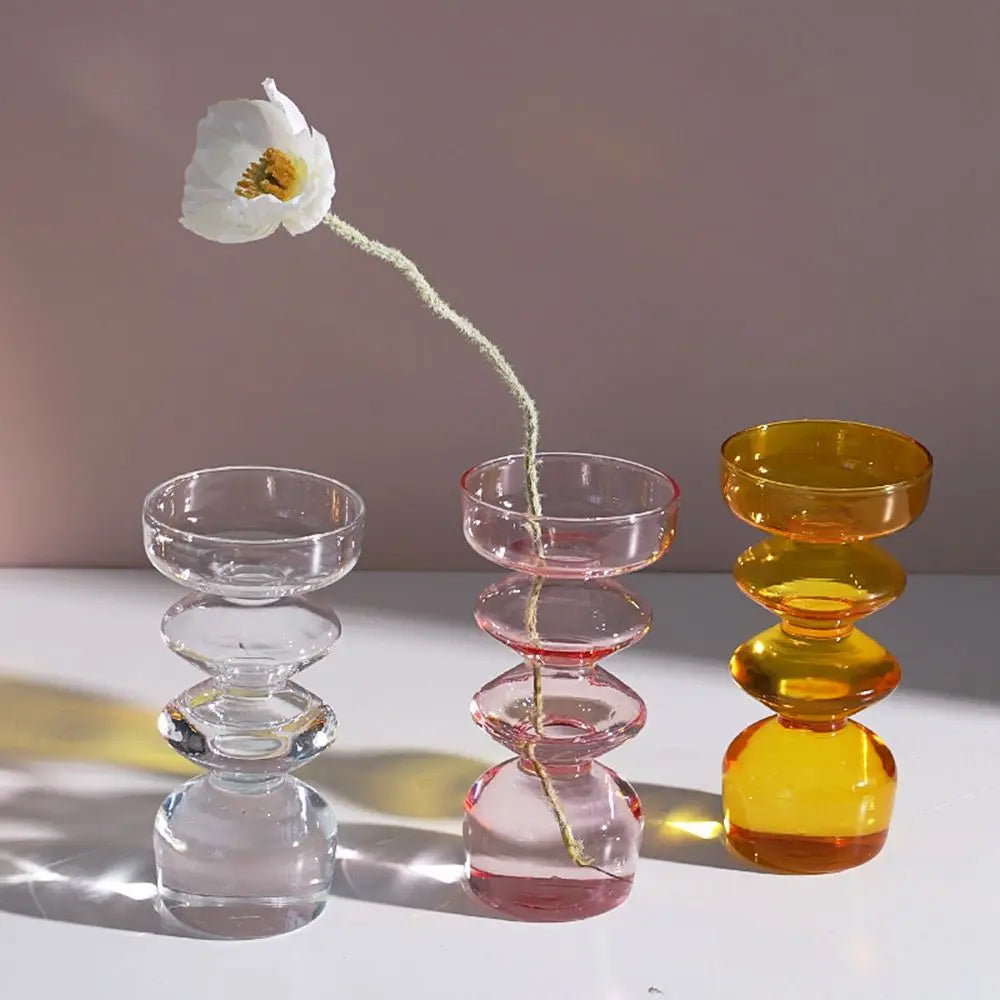 vases verre transparent moderne orange rose sphères empilées décoration maison table fleurs hydroponiques