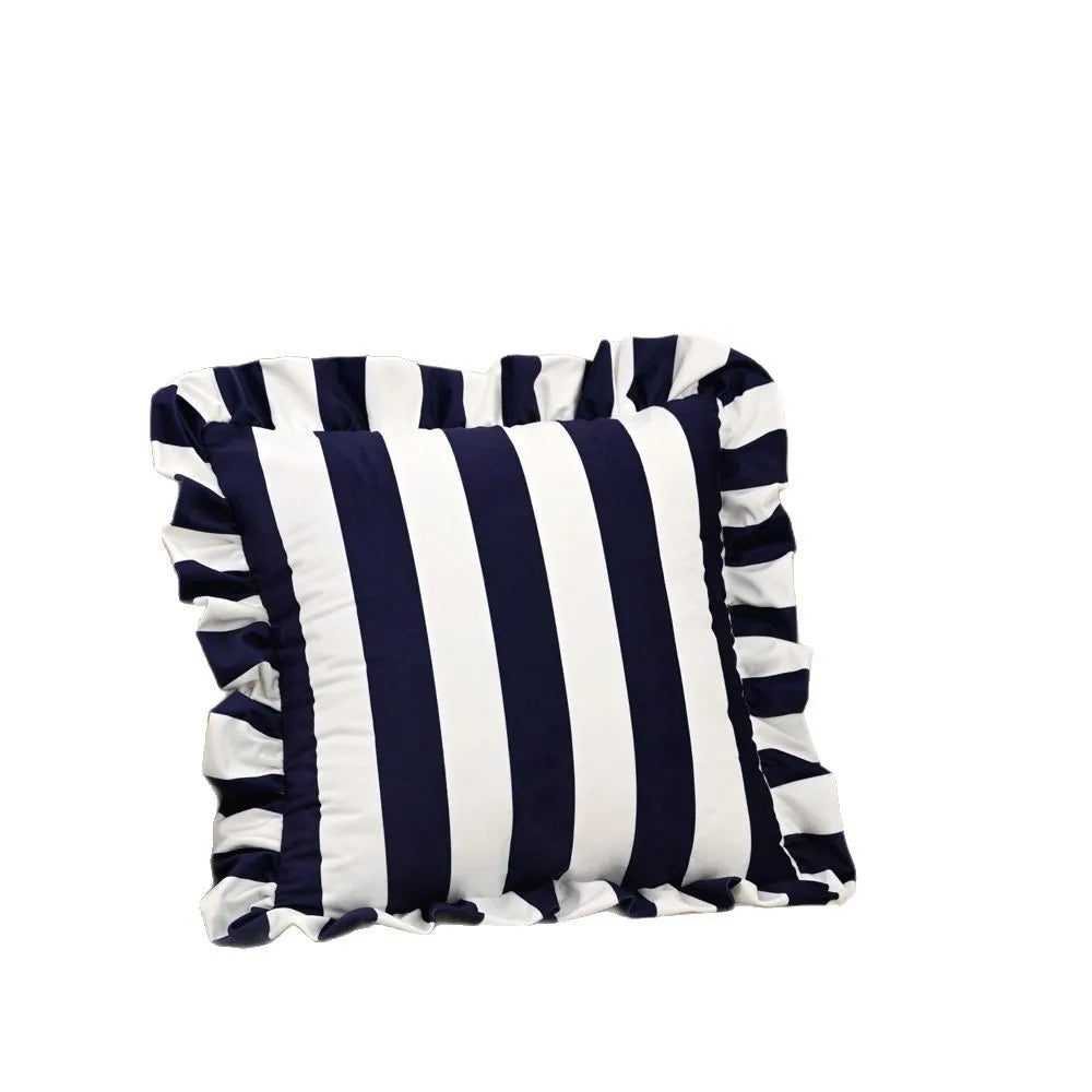 taies d'oreiller carrées rayures bleues blanches velours moderne fixation décoration canapé chambre sofa