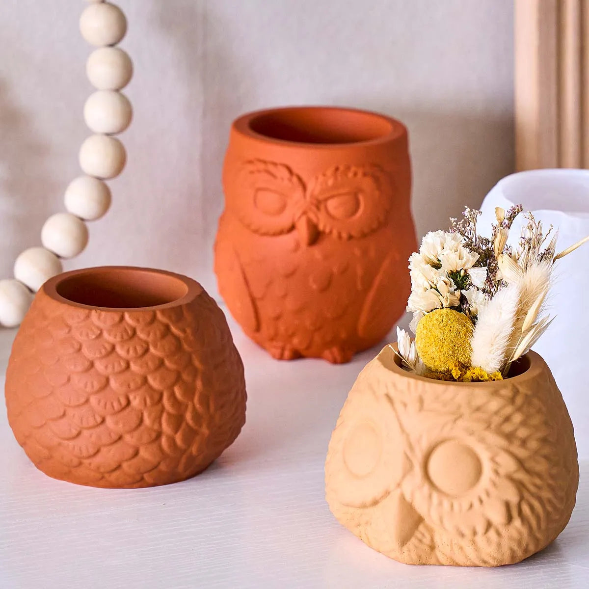 silicone moule chouette bougie plante deco intérieur artisanal blanc terre cuite plumes rustique bohème