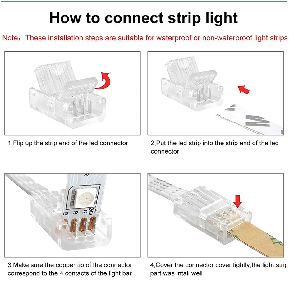 connecteurs led transparent 8mm 10mm 2pin 3pin 4pin adhésifs instructions bleu 24v