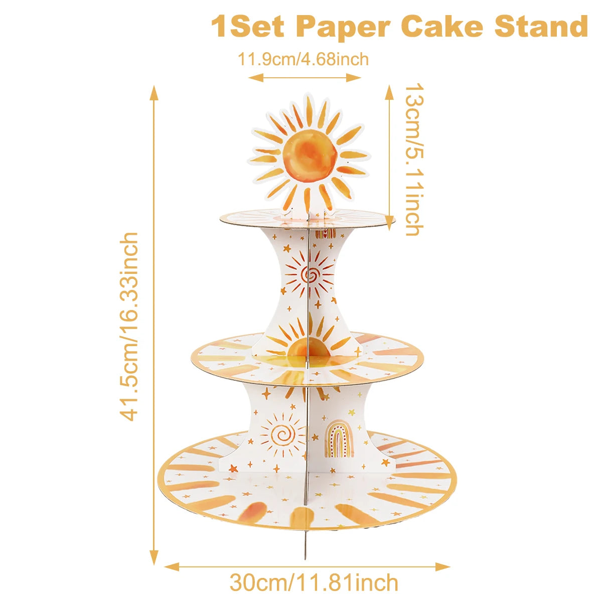 support gâteaux trois étages blanc orange motifs solaires étoiles moderne anniversaire mariage fête