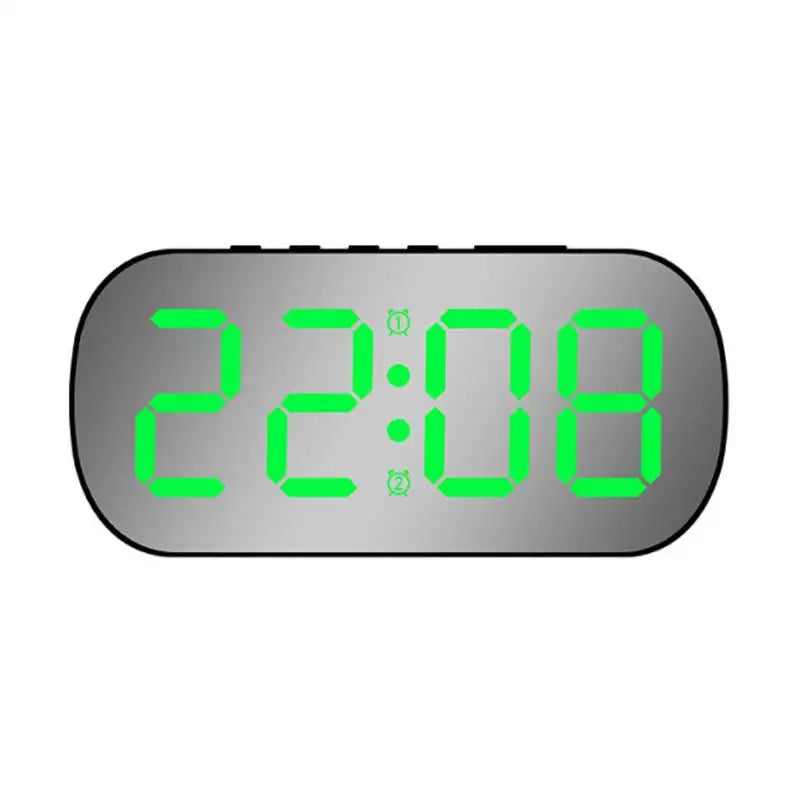 réveil numérique moderne miroir blanc noir vert alarme affichage heure température minimaliste