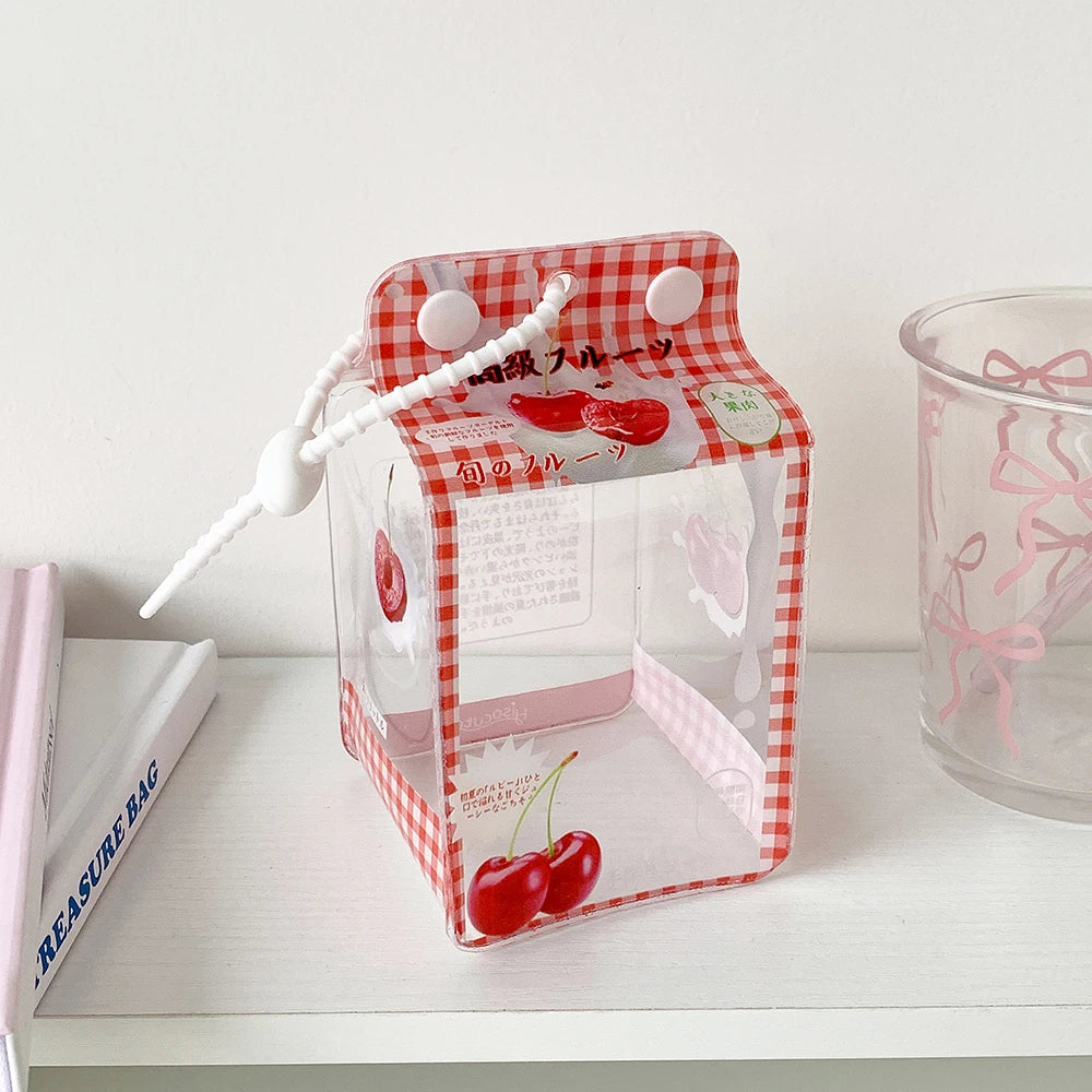 sac main transparent boîte lait motif cerises vache pois créatif mignon tendance cordelette