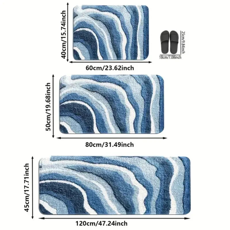 tapis bain bleu blanc rayures ondulées moderne antidérapant absorbant intérieur salle bain cuisine couloir