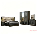 ensemble chambre coucher moderne lit tête rembourrée armoire miroir commode tiroirs tables chevet
