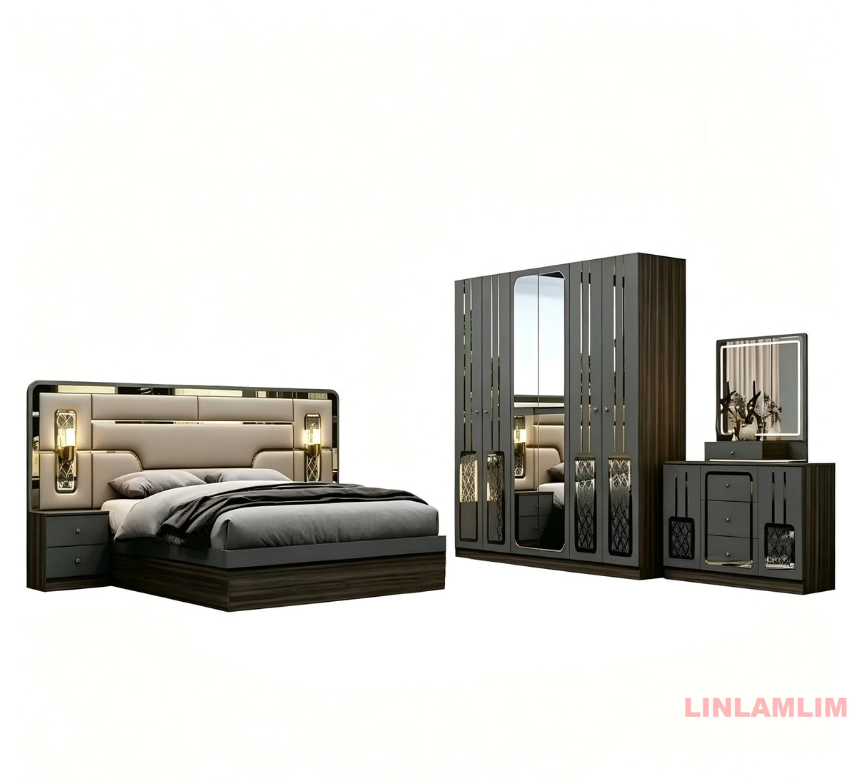 ensemble chambre coucher moderne lit tête rembourrée armoire miroir commode tiroirs tables chevet