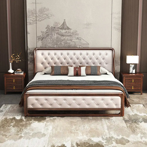 lit double bois massif capitonné cuir marron beige moderne chambre coucher rangement luxe