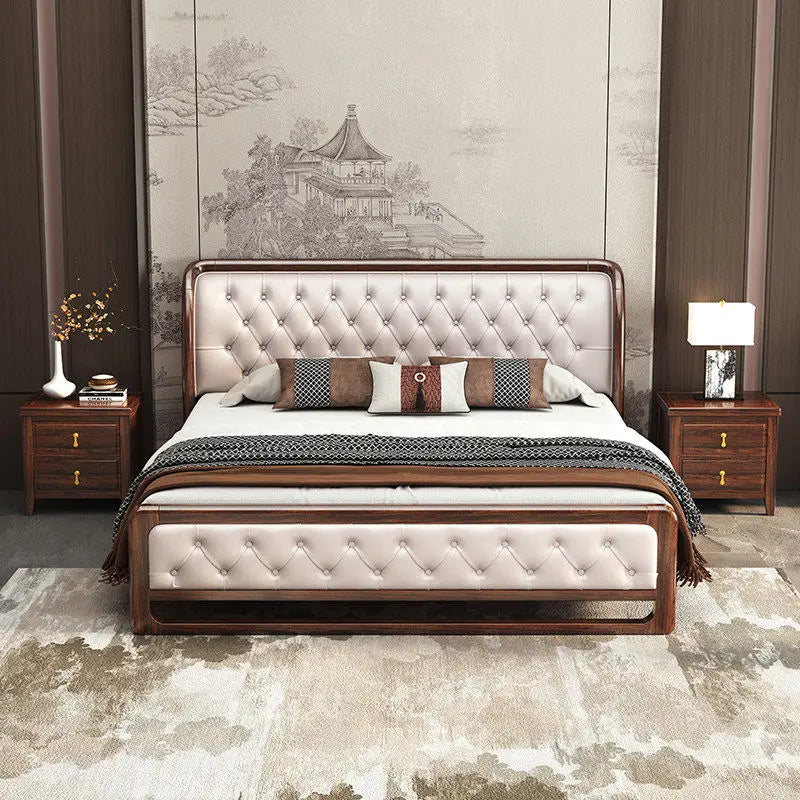lit double bois massif capitonné cuir marron beige moderne chambre coucher rangement luxe