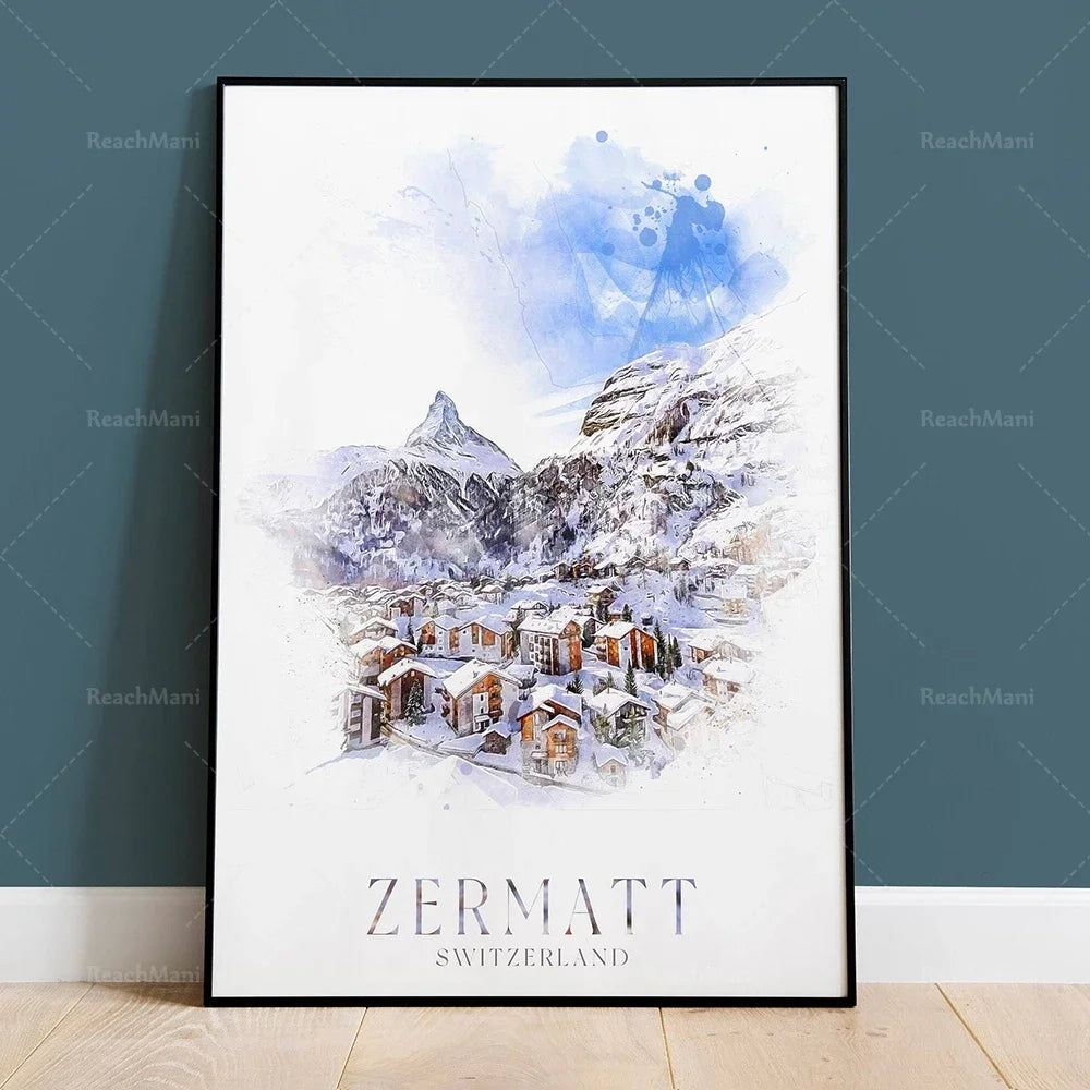 Une paysage enneigé de Zermatt, en Suisse, avec des maisons de montagne et une célèbre montagne dans le fond, représenté dans un style artistique aquarelle.