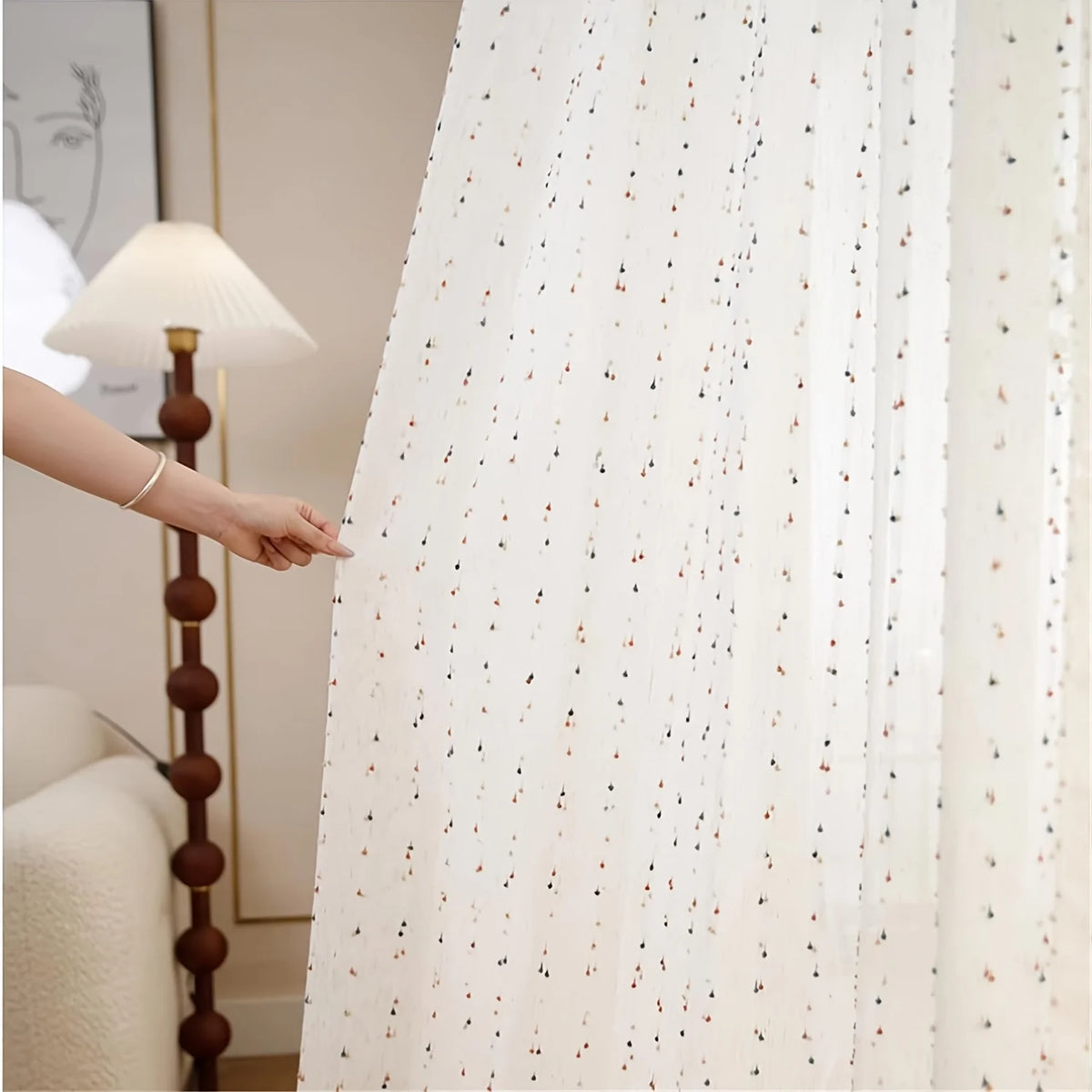 rideau moderne blanc points colorés translucide bohème passe tringle salon chambre