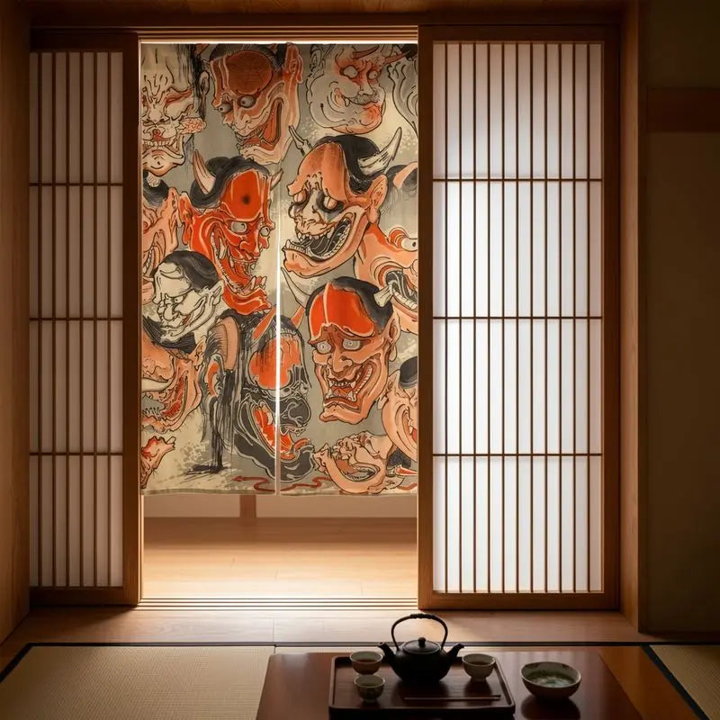 rideau orange fantastique démoniaque visages effrayants art traditionnel japonais intimité cuisine salle bain