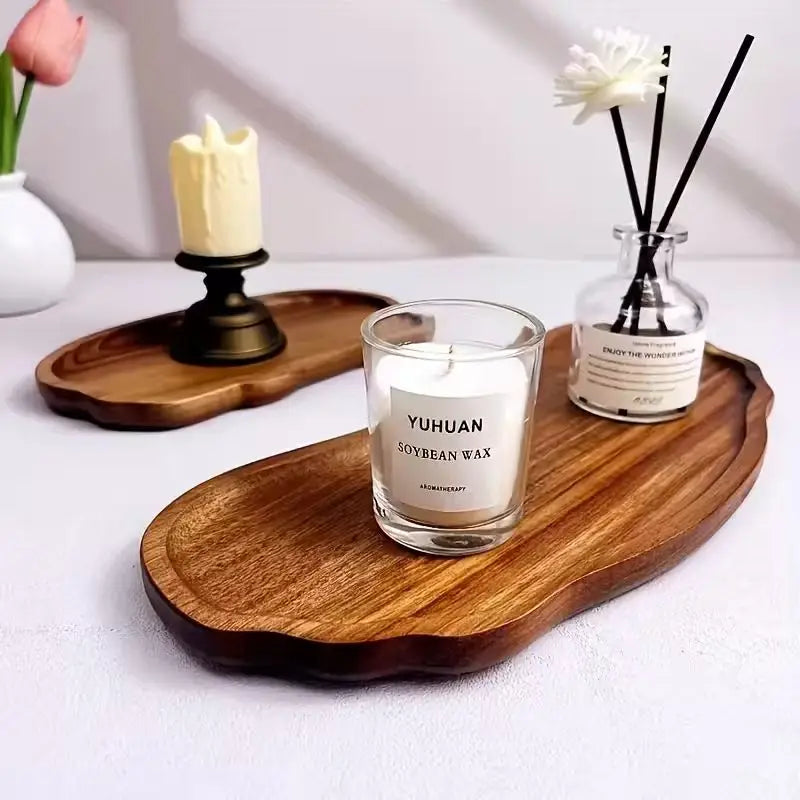 plateau bois massif rangement bougies parfumées vases fleurs décoration salle bain coiffeuse