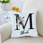 taies d'oreiller lettre stylisée moderne élégantes imprimées fleurs feuillage blanc respectueuses environnement 45cm 45cm