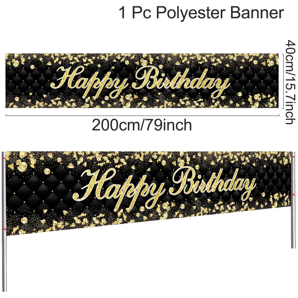 bannière anniversaire enfant moderne happy birthday ballons confettis clips doré noir festive