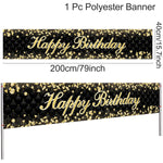 bannière anniversaire enfant moderne happy birthday ballons confettis clips doré noir festive