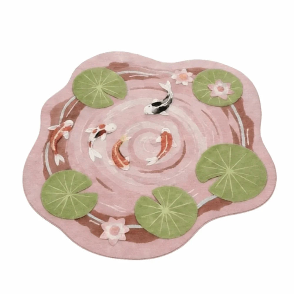 tapis poissons lotus salon rose vert artisanal réaliste poissons feuilles fleurs